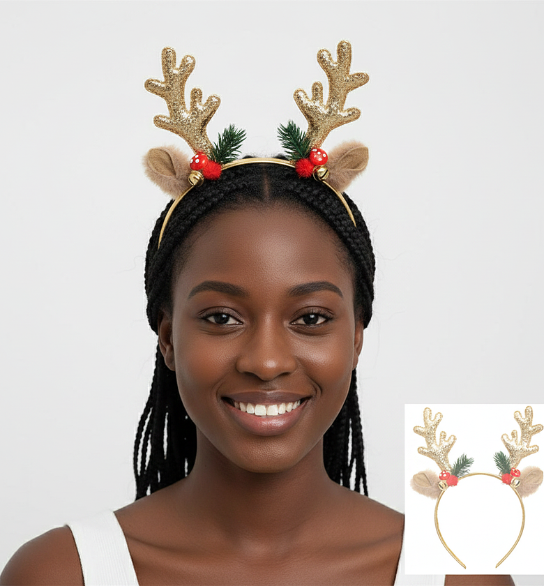 Christmas Reindeer Headband Gold Antlers with Bells image
