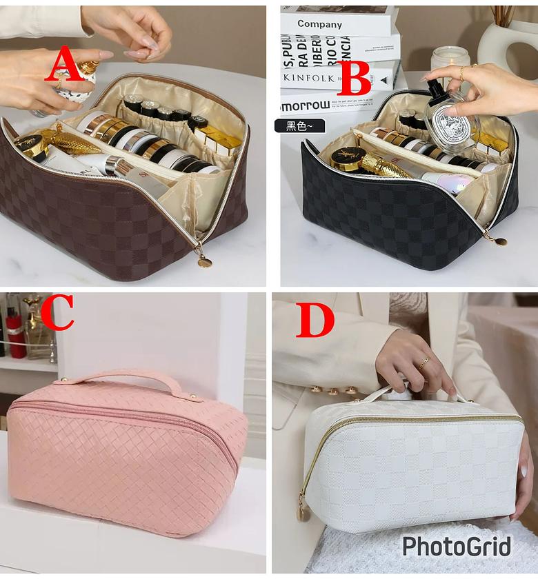Plaid Make Up Bag Multifunctional PU Leather Makeup Case Pouch Portable Large Capacity Fashion Zipper Soft for Gym Fitness image