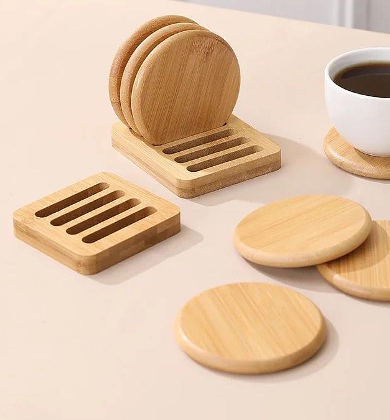 Eco friendly Heavy Duty Bamboo Coasters 6pcs  + 1Holder Rack  image