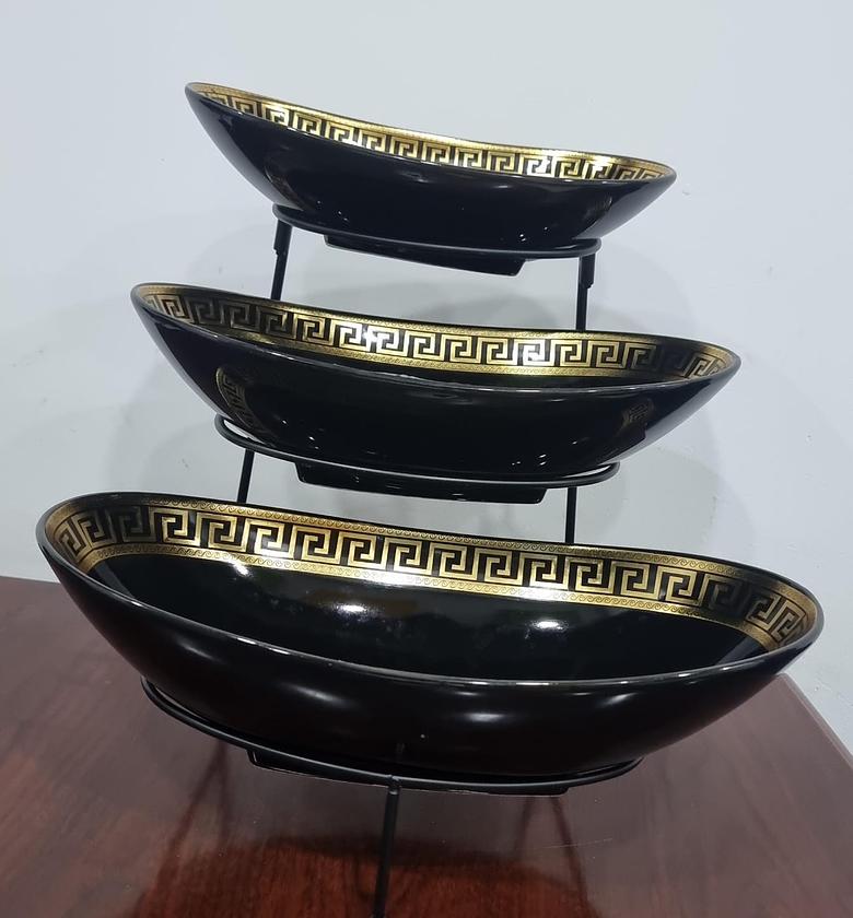  versaces Fruit Bowl for Kitchen Counter - 3 Tier Ceramic Serving Bowls with Metal Stand, Tiered Fruit Basket for Fruit Vegetable Storage, Snack, Nuts, Cake, Dessert, Small & Cute (Gold) image