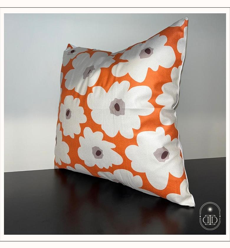 Floral print in orange soft velvet cushion cover. image