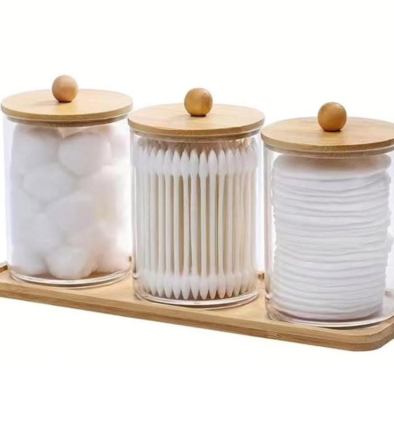 3pc acrylic organizer with bamboo lids and tray. image