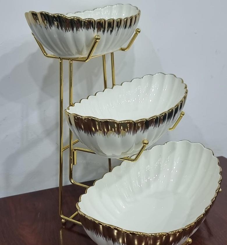 Fruit Bowl for Kitchen Counter - 3 Tier Ceramic Serving Bowls with Metal Stand, Tiered Fruit Basket for Fruit Vegetable Storage, Snack, Nuts, Cake, Dessert, Small & Cute (white/gold) image