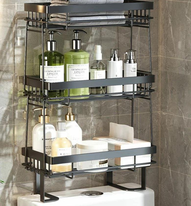 Tripple layer Over the toilet rack/shelf bathroom Material: Carbon steel+powder coated   Size: 55x32x16cm  Multifunctional image