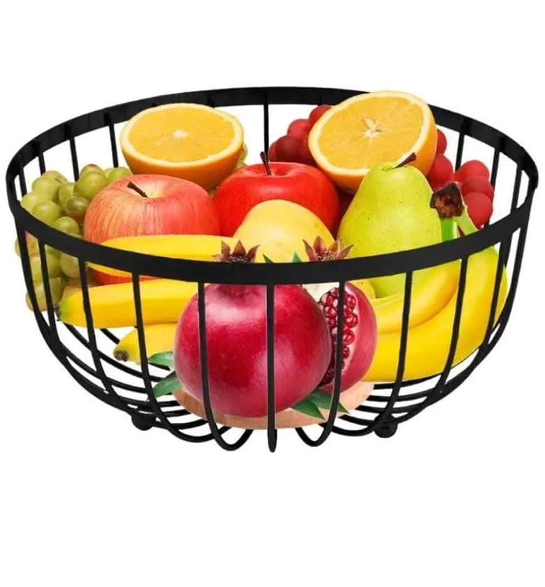 Metallic fruit basket with bamboo base. image