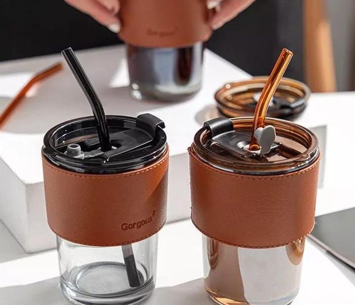 Gorgeous slub glass smoothie cup with STRAW and leather cover image