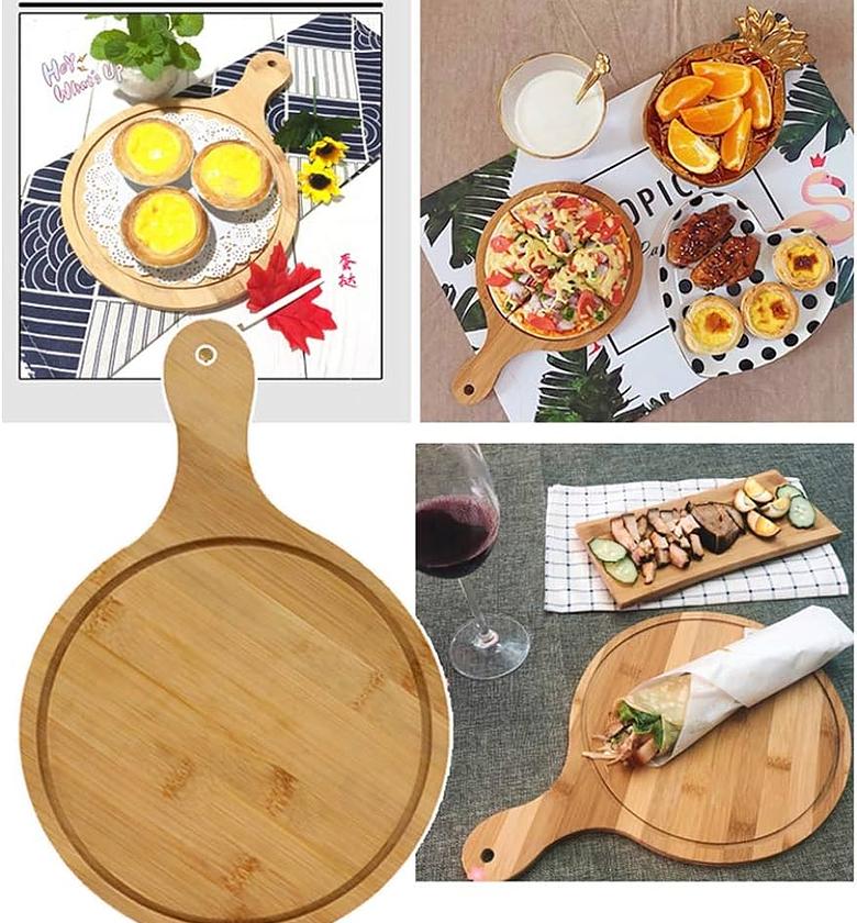 Round wood cutting board with handle wooden serving board kitchen chopping boards for pizza, bread, cheese, charcuterie, fruit, vegetable image