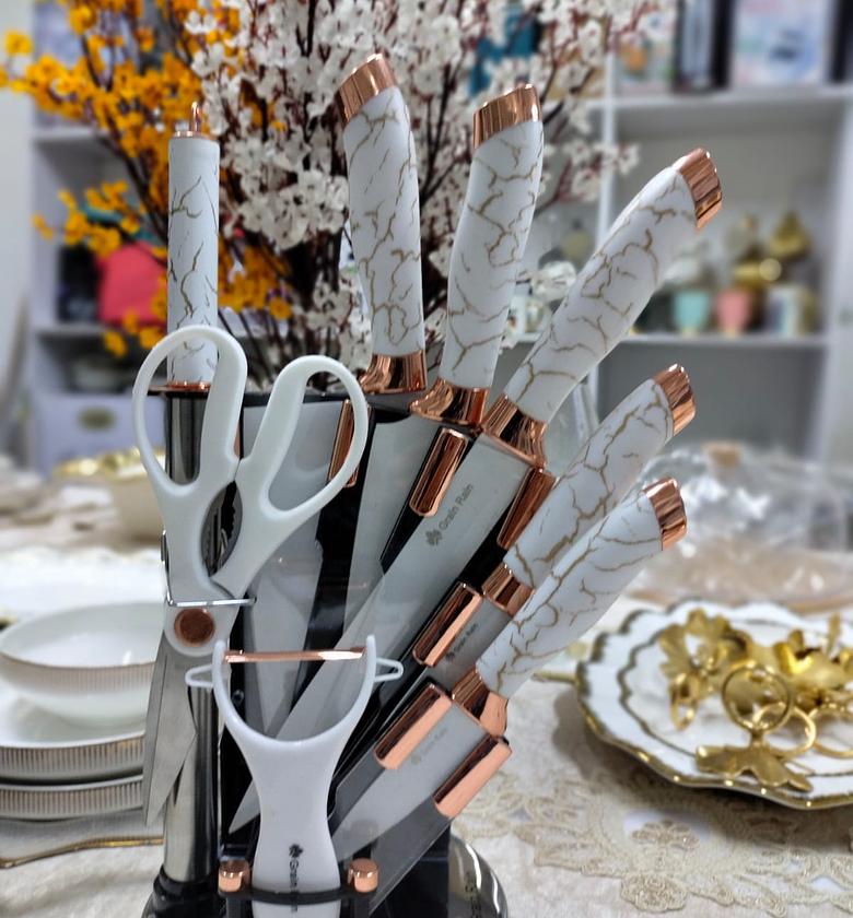 Knife set ,9 stainless steel,knive holder white marble pattern professional  chef knife with knife block image