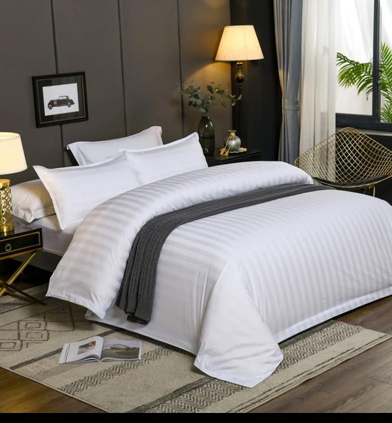 White stripped duvet cover Sets   4 Piece (2 pillow cases) Set👇🏽* 1-White duvet cover 1-Bedsheet 4-Pillowcases Sizes:5*6,6*6, and 6*7 image