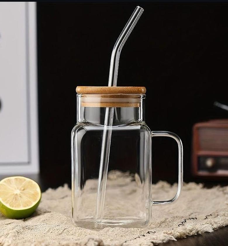 ️ Square Borosilicate glass Mug ✨️With bamboo Lids and straws   ✨ Capacity  620 ml image