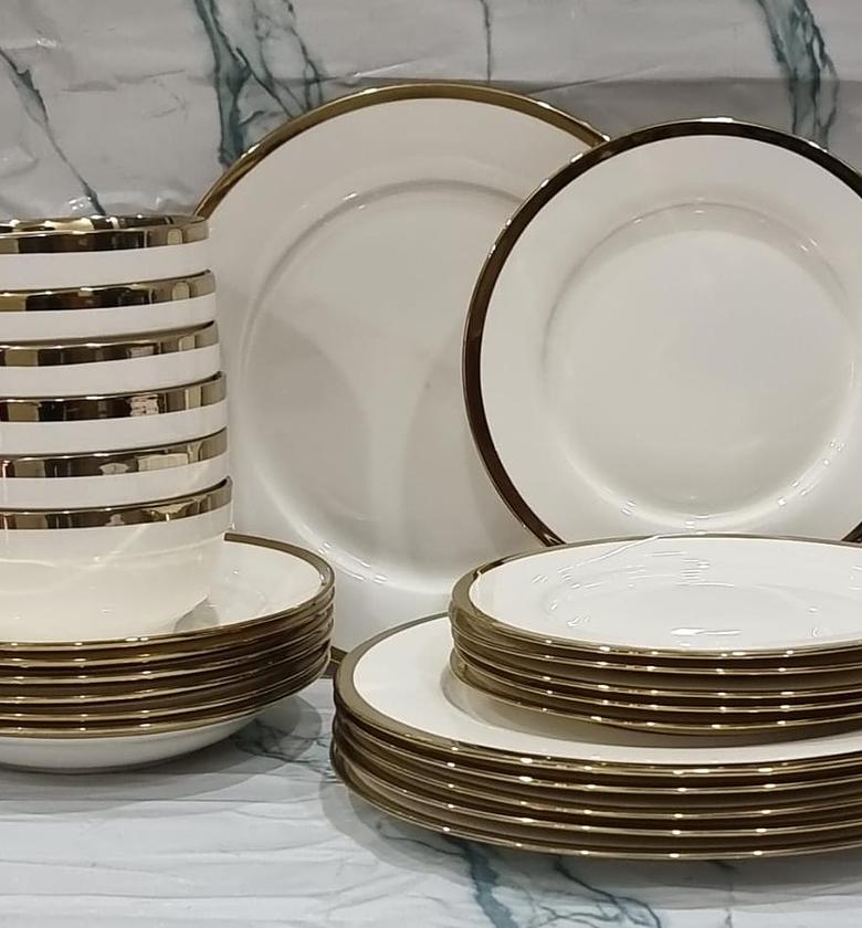 24pc cupless porcelain dinner set now available in 3 golden n white colour image