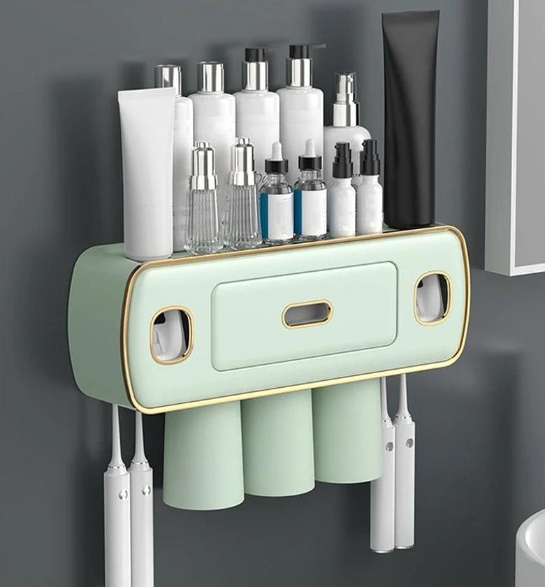  Toothbrush and Toothpaste Holder with Automatic Squeezer, and three cups  image