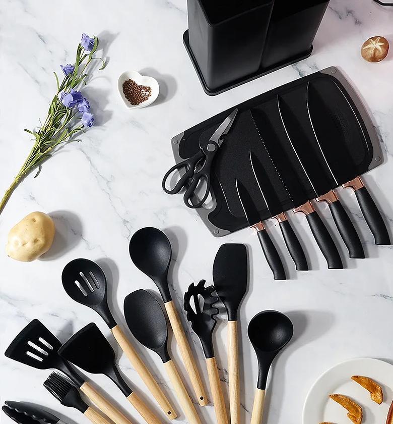 Kitchen cooking set ✅Comes with silicon spoon set,,5pcs of knife sets with kitchen scissors ,, chopping board and the tin     image