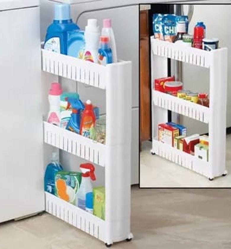 3-tier slim mobile shelving unit on wheels, slide out rolling bathroom storage organizer, utility carts shelf rack for kitchen bathroom laundry room narrow places, white image