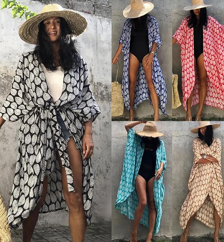 Half Sleeve Leaf Pattern Print Beach Sun-Protective Clothing Lace-up Bikini Cover UPS Women Summer Cotton Fabric Swimwear Cover-up image