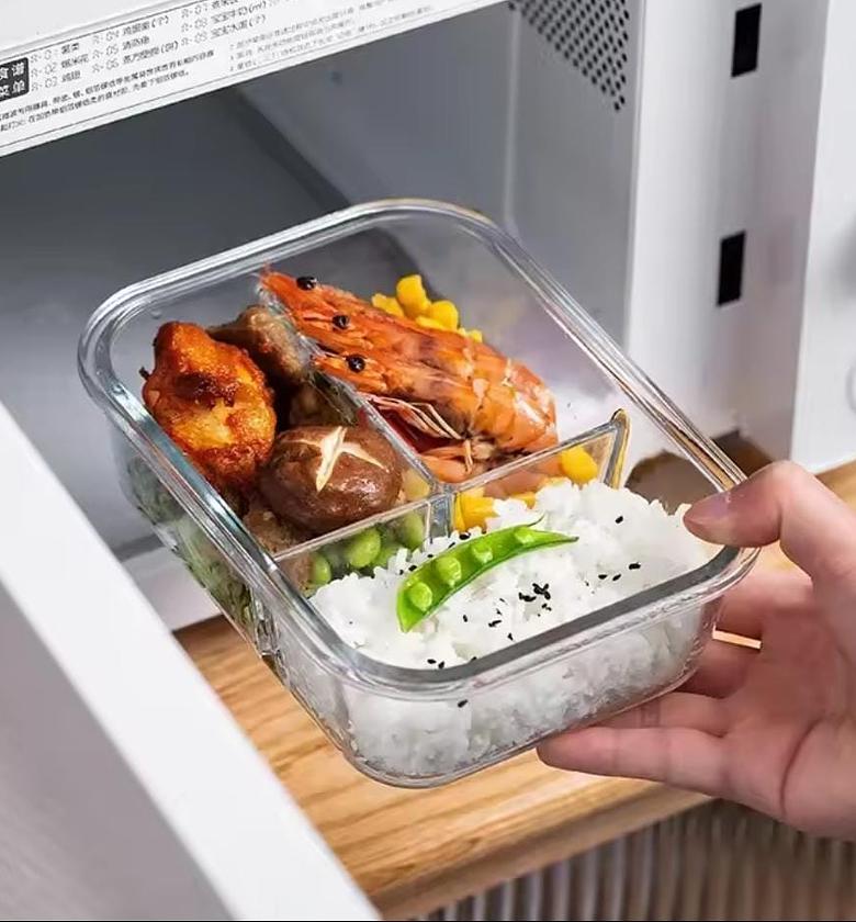 Glass food containers  1050ml  Double partitioned,tripple,single Microwave friendly  Colours:pink,blue,clear image