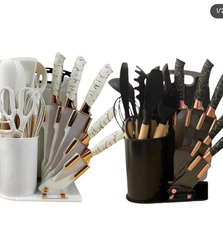 19pcs marble effect silicone cooking spoon set plus knife set. image