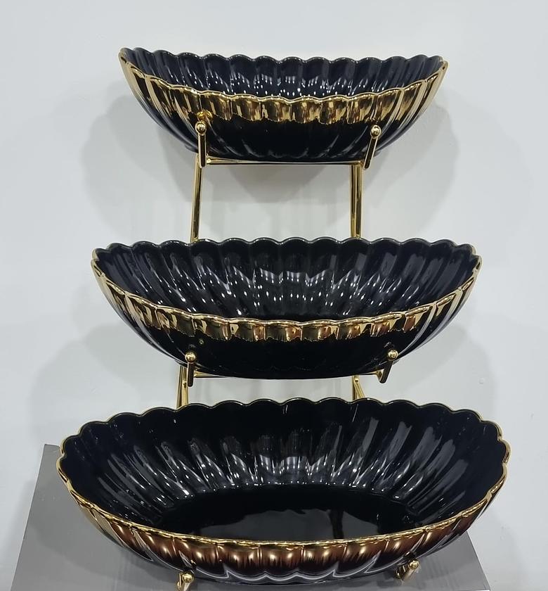Fruit Bowl for Kitchen Counter - 3 Tier Ceramic Serving Bowls with Metal Stand, Tiered Fruit Basket for Fruit Vegetable Storage, Snack, Nuts, Cake, Dessert, Small & Cute (black/gold) image