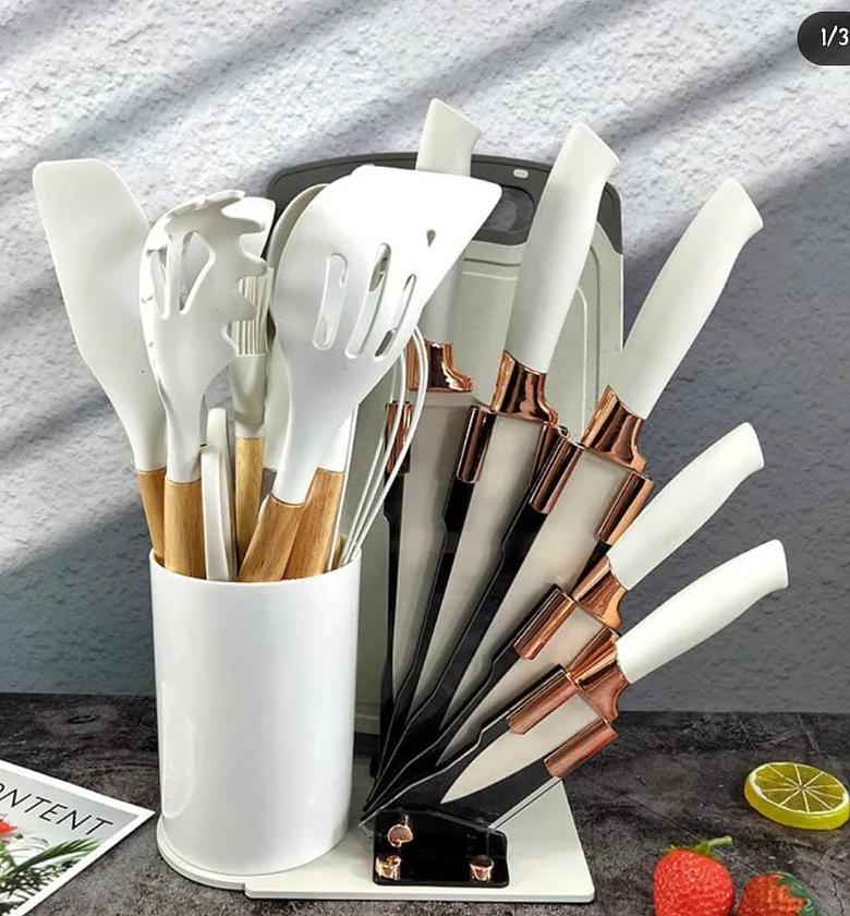 19pcs silicone cooking spoon set plus knife set. image