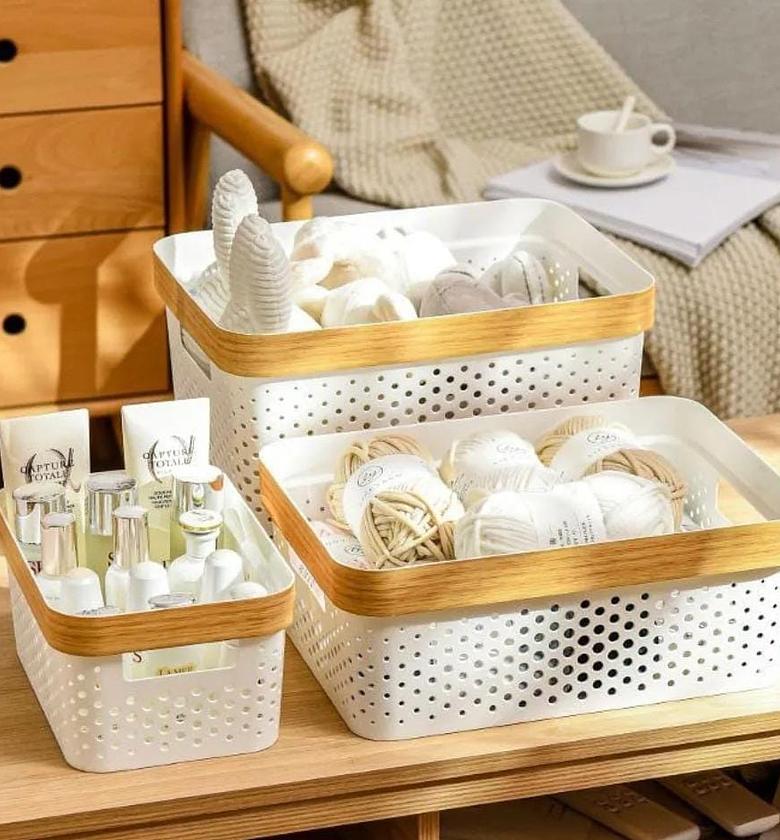 3pcs nordic multipurpose storage baskets with goldish lining image