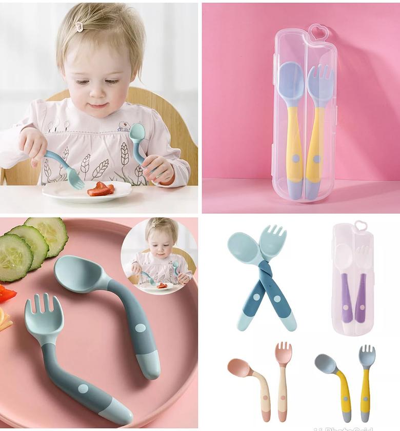 SPOON FORK SET. 2 PCs baby bendable silicon spoon fork set  image