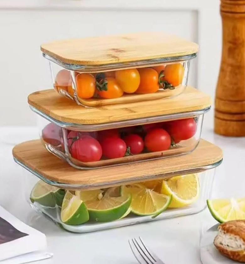 3pc glass dishes with bamboo lid. image
