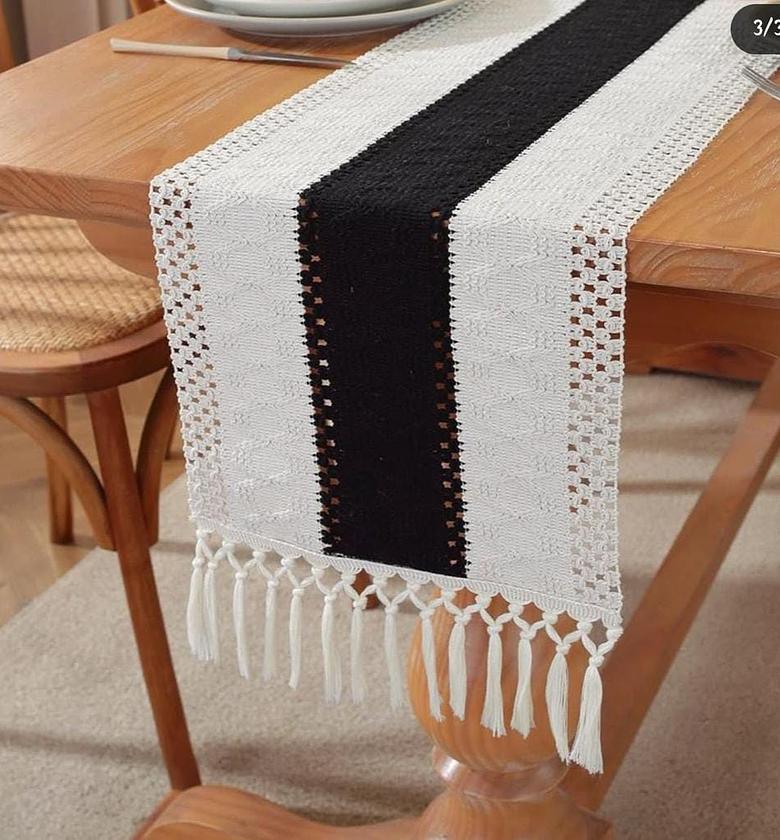 Bohemian style table runner with tassels. image