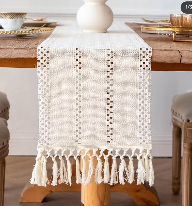 Bohemian style table runner with tassels. image