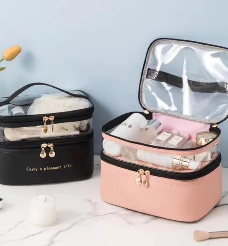 Double layer make-up/ cosmetics bag. Colors: black, punk and brown. image