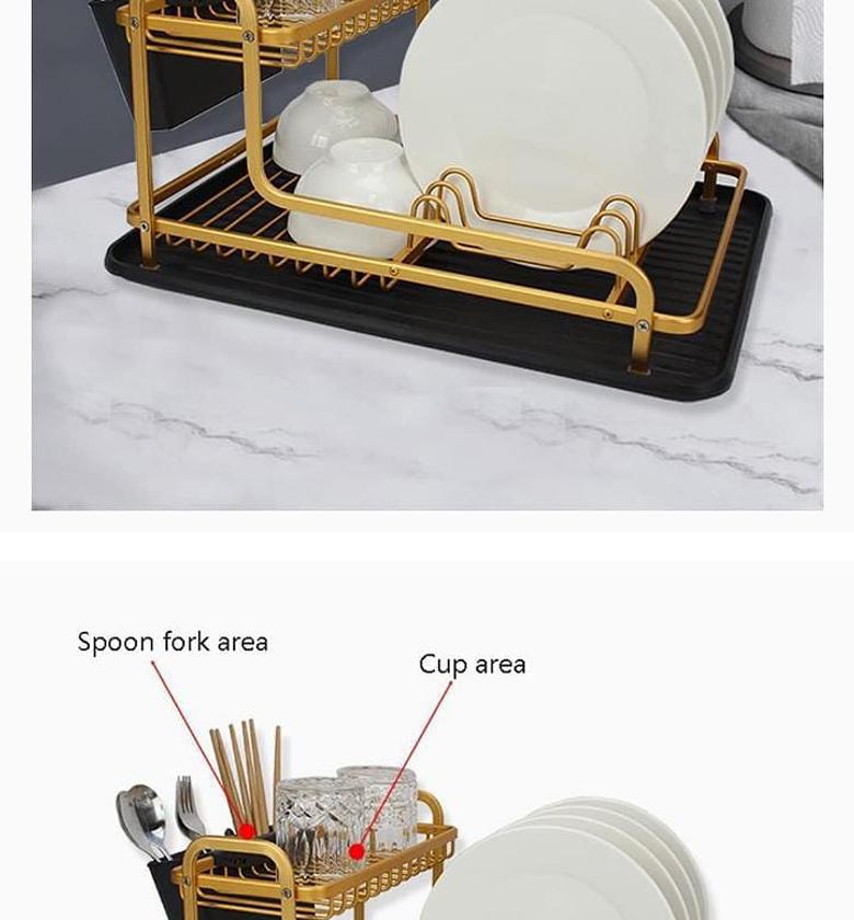 Aluminium dish drying rack,dish rack for counter top which has removable cutlery holder ,golden ,black & silver image