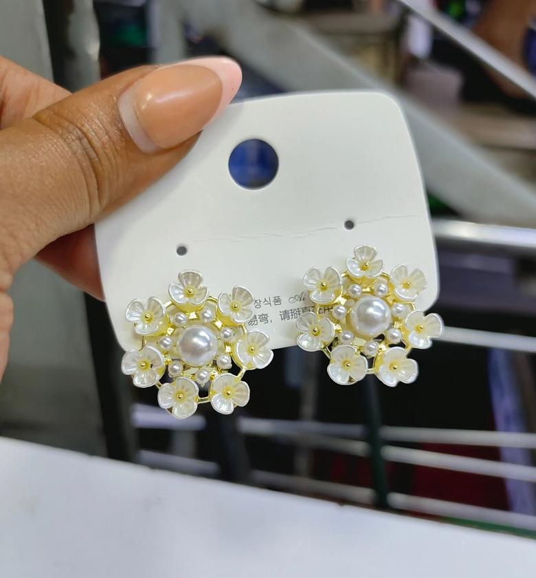 White flowers on golden Earrings image