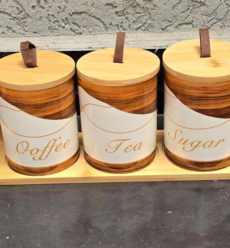 3pcs Ceramic Canisters Set with Bamboo Stand. image