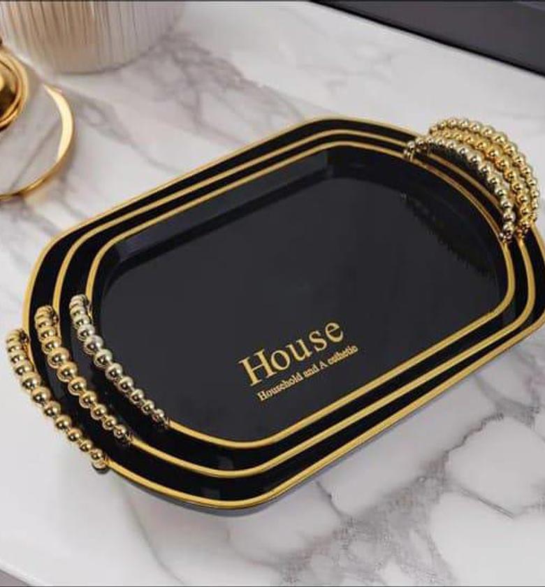 Set of 3 Rectangular Serving Tray / Platters with Gold Handles image