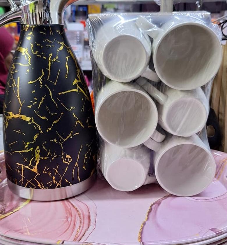 DINNER SET. 7pcs breakfast set. 1 marble black flask and 6pcs white coffee mugs image
