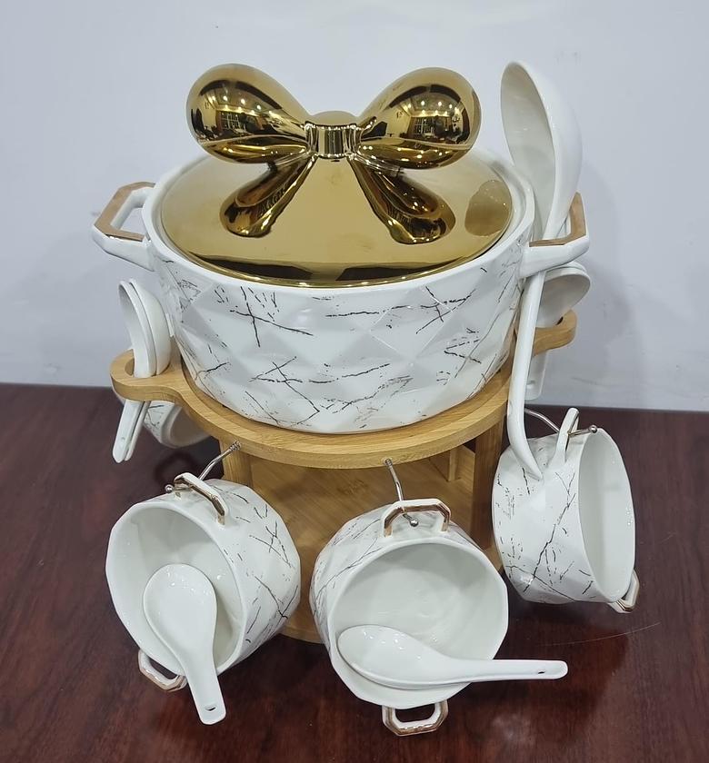  Fancy Ceramic Soup Tureen Bowl Gift Set with 6 Soup Bowls/Cups with Handles, bamboo Stand & Lid, Hotpot Style Home Decor Kitchen Utensils Set for Pasta Gravy image