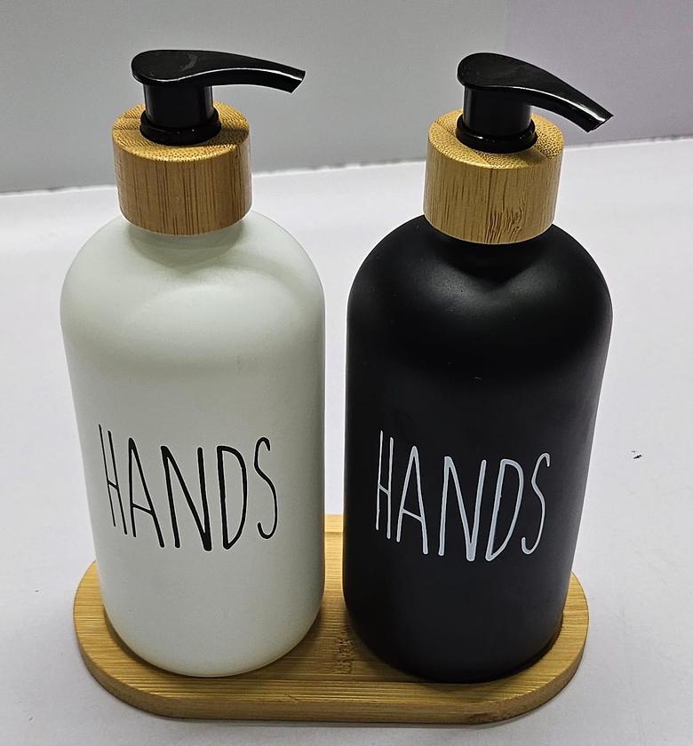 3in1 HANDS - DISHES, SOAP - LOTION branded  and unbranded Refillable ceramic s bottle with bamboo, Capacity 500mls  each set has 1 black and 1 white bottle on a bamboo base image