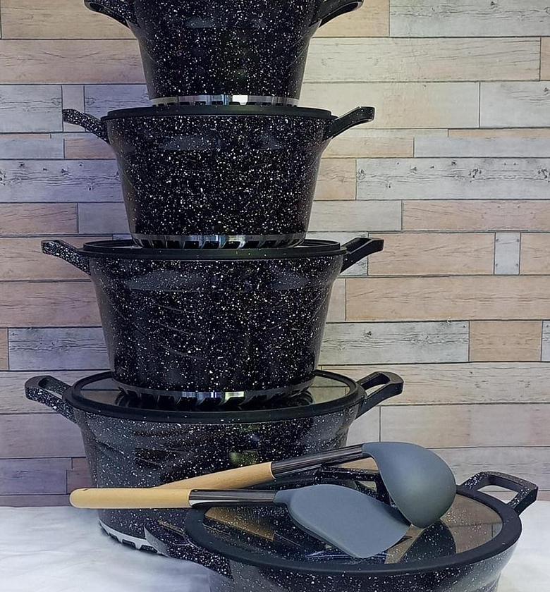 COOKWARE SET. Bosch 12pcs Granite Coated Non-Stick Heavy Duty Cooking/Serving Pots+ 2 Silicon Spoons HIGHLY RECOMMEDED image