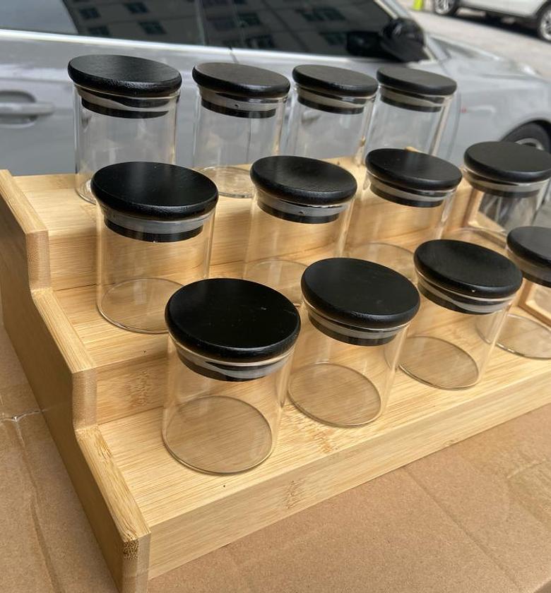 12Pcs Glass Spice Jars with Bamboo black  Lid + stand  image