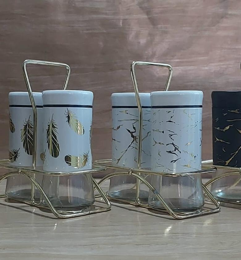 2pcs marble profile glass salt shaker +1stand ,  colours black and white image