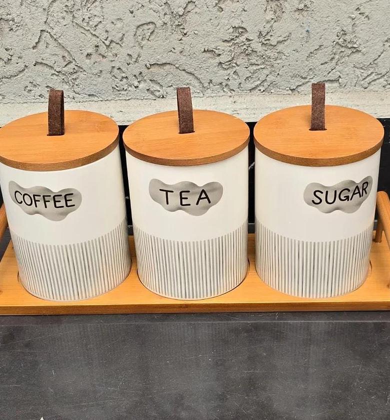 3pcs Ceramic Canisters Set with Bamboo Stand. image