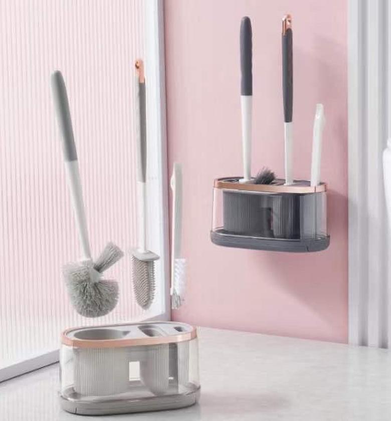 5 in 1 cleaning Toilet Brushes and Drying Holder   ◽️bristle brush,silicone flat brush,Tongs for hair correction,corner brush and a durable draining rack.   ▫️Doesn't stick to any debris, cleans deep into corners of the toilet    image
