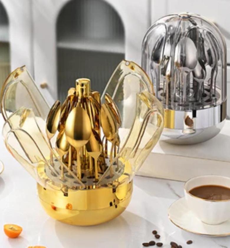 Rotating Luxury Crystal dome shape cover 24pc cutlery set now available in gold and silver  image