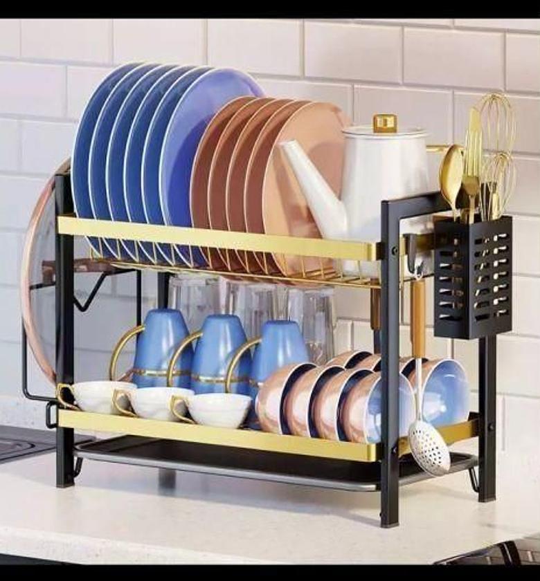 Heavy Duty 2 Tier Dish Rack With Cutler Holder - Gold and Black image