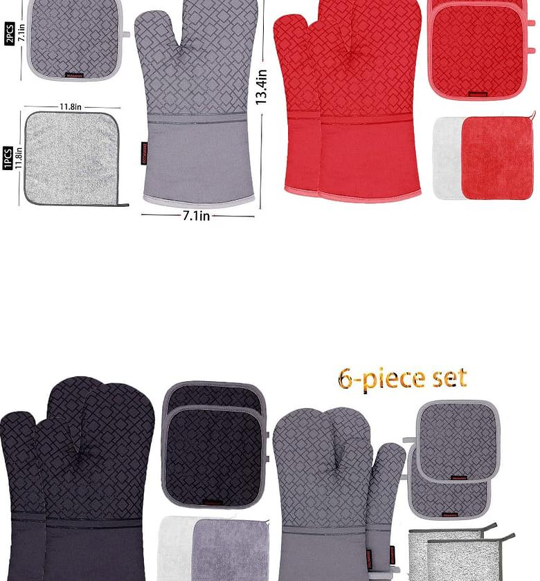 6 piece set High heat resistant oven mitts and pot holders Antiskid, heat resistant, breathable. Red,grey,black available image