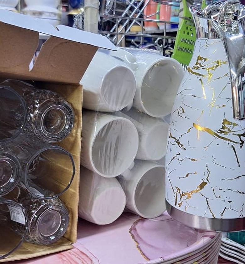 DRINKWARE SET. 13pcs drinkware set.  6glasses,white cups 6pcs + 2l white marble flask image
