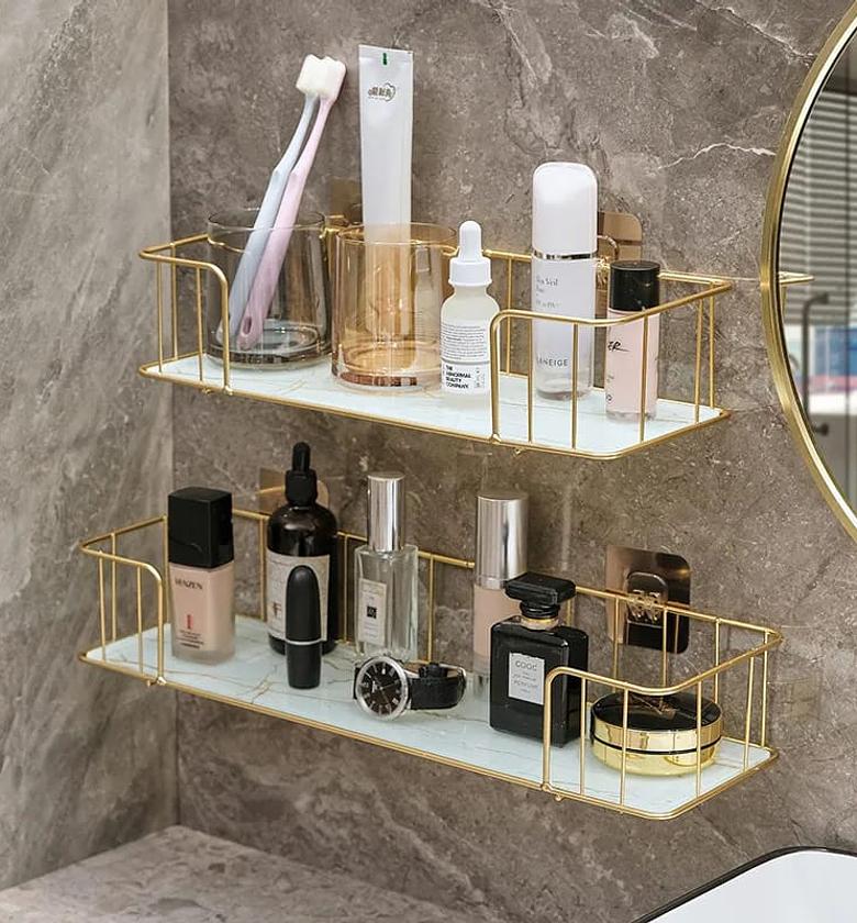  Luxury bathroom shelf with Mable glass plate 🏷️Nordic light luxury 🏷️Material: Mable glass + iron 🏷️Classy and modern  🏷️Color;White mable  🏷️Small 34.5*13*7.5   image