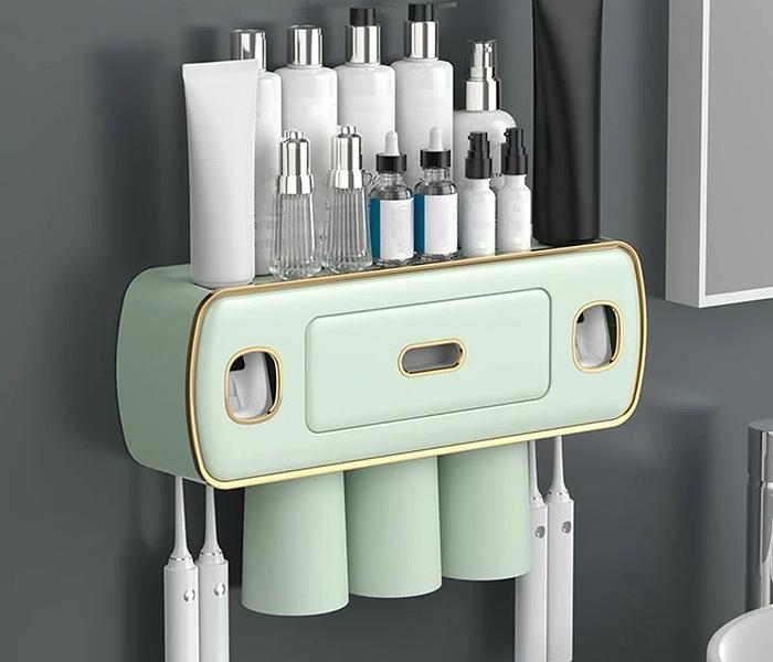 Toothbrush and Toothpaste Holder with Automatic Squeezer, and three cups image