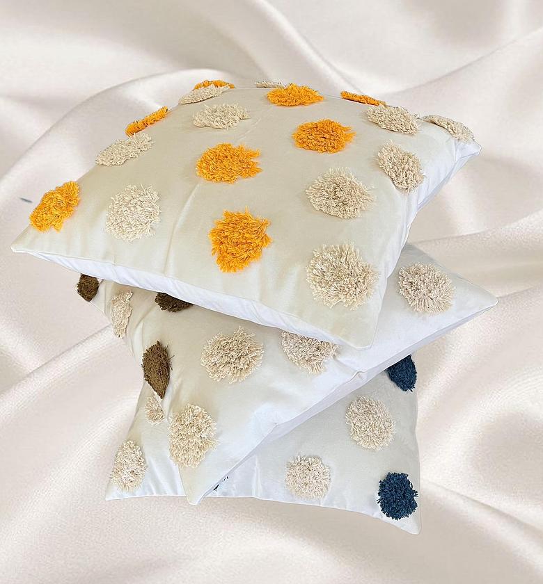 Off white velvet cushion cover with woven pattern  image