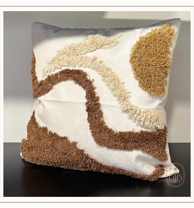 Off white velvet cushion cover with woven pattern (brown) image