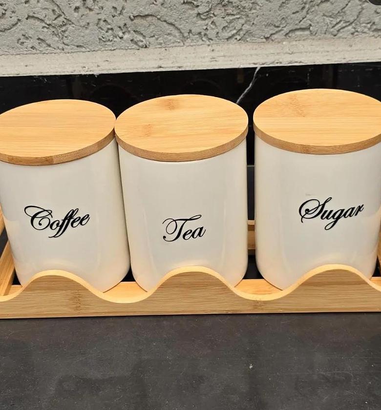 3pcs Ceramic Canisters Set with Bamboo Stand. image